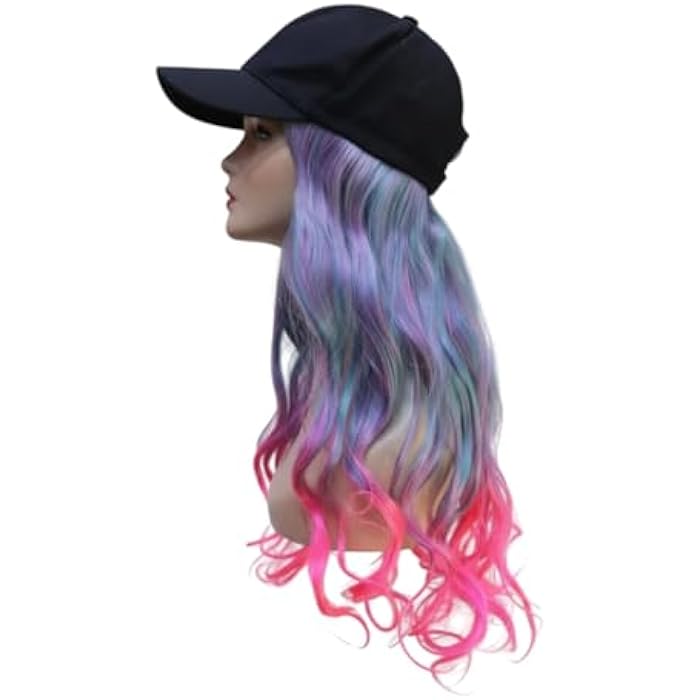Baseball Cap Wig Long Wavy Ombre Blue Pink Purple Wig Black Cap - Image 2